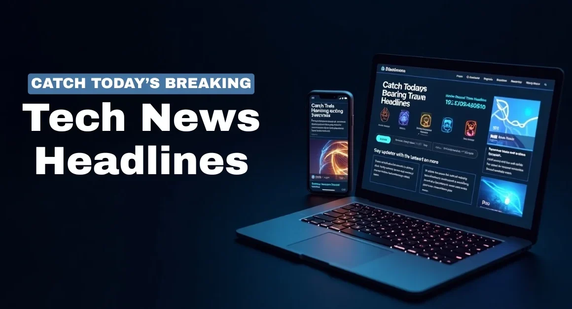Image of Digital dashboard showing today’s breaking tech news headlines on devices with icons of AI, blockchain, and mobile apps.