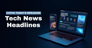 Image of Digital dashboard showing today’s breaking tech news headlines on devices with icons of AI, blockchain, and mobile apps.