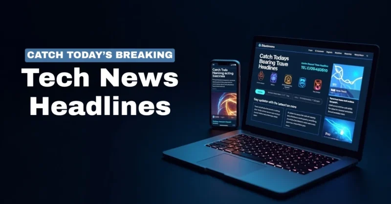 Image of Digital dashboard showing today’s breaking tech news headlines on devices with icons of AI, blockchain, and mobile apps.