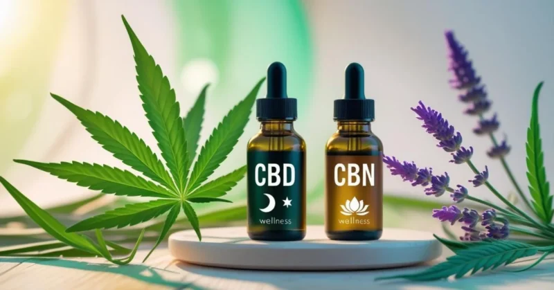 CBD and CBN oil bottles with hemp and lavender.