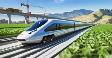Electric high-speed train travels through California farmland with construction in progress and mountains in the distance.