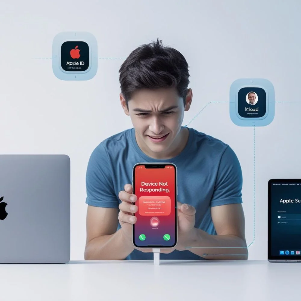 User calling Apple Support for iPhone, iCloud, and Apple ID issues. 