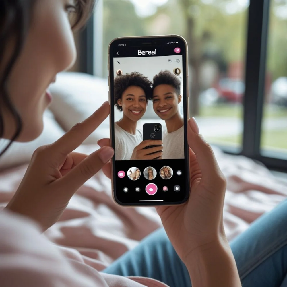 Person taking a spontaneous dual-camera BeReal photo in a casual setting.