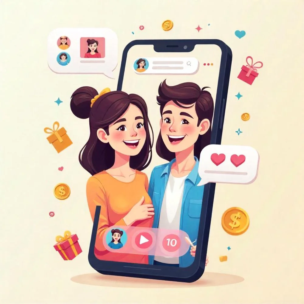 Chamet app showing live chat, translation, and virtual gifts. 