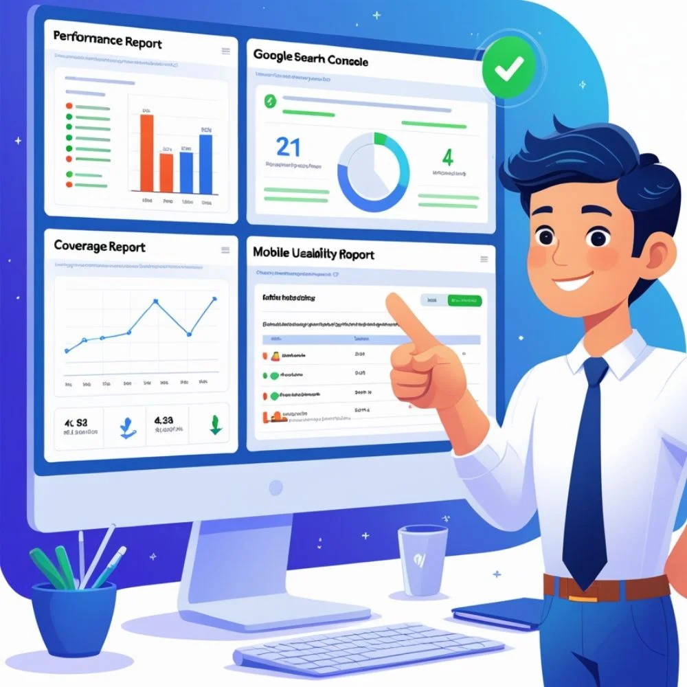 Search Console dashboard showing SEO performance, errors, and mobile usability. 