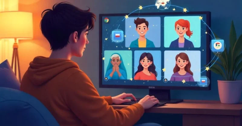 Person video chatting with global users on Chamet app interface.