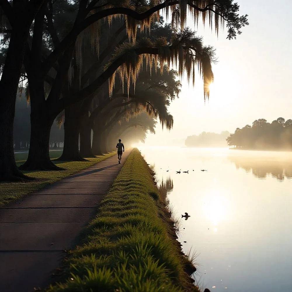 Bayou St. John at sunrise with calm water, oak trees, and a distant jogger.