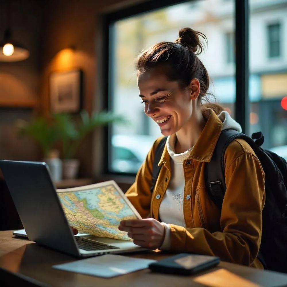 Traveler planning a budget-friendly December trip with maps, laptop, and global inspiration. 