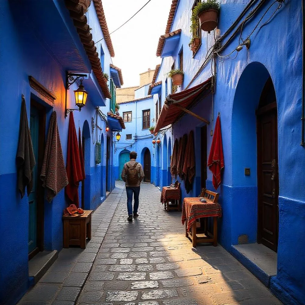 Traveler exploring blue streets of Chefchaouen with local markets and Moroccan charm.