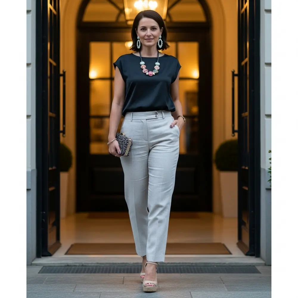 Person in linen pants and satin top dressed up for a summer dinner party.