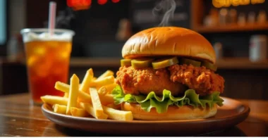 Crispy chicken sandwich with fries at a local food spot.