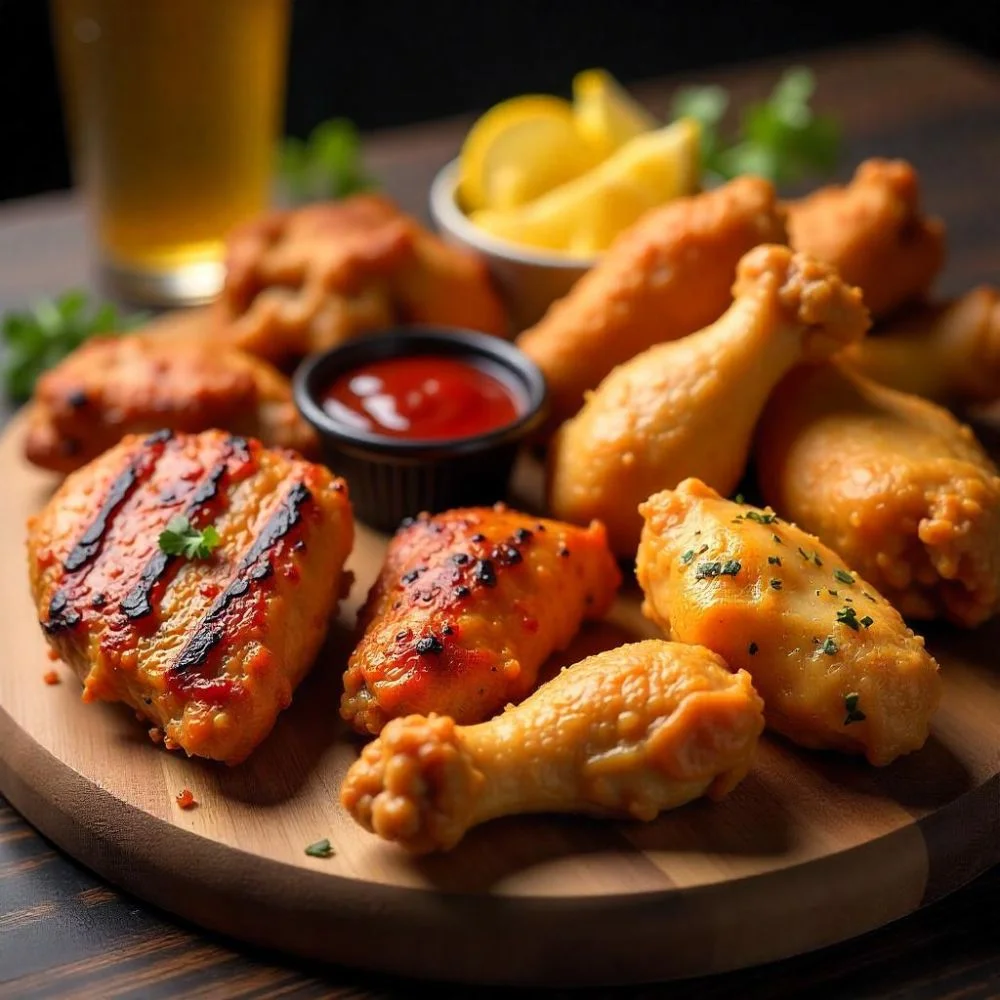 Variety platter of grilled, fried, glazed, and herb chicken with sauces.