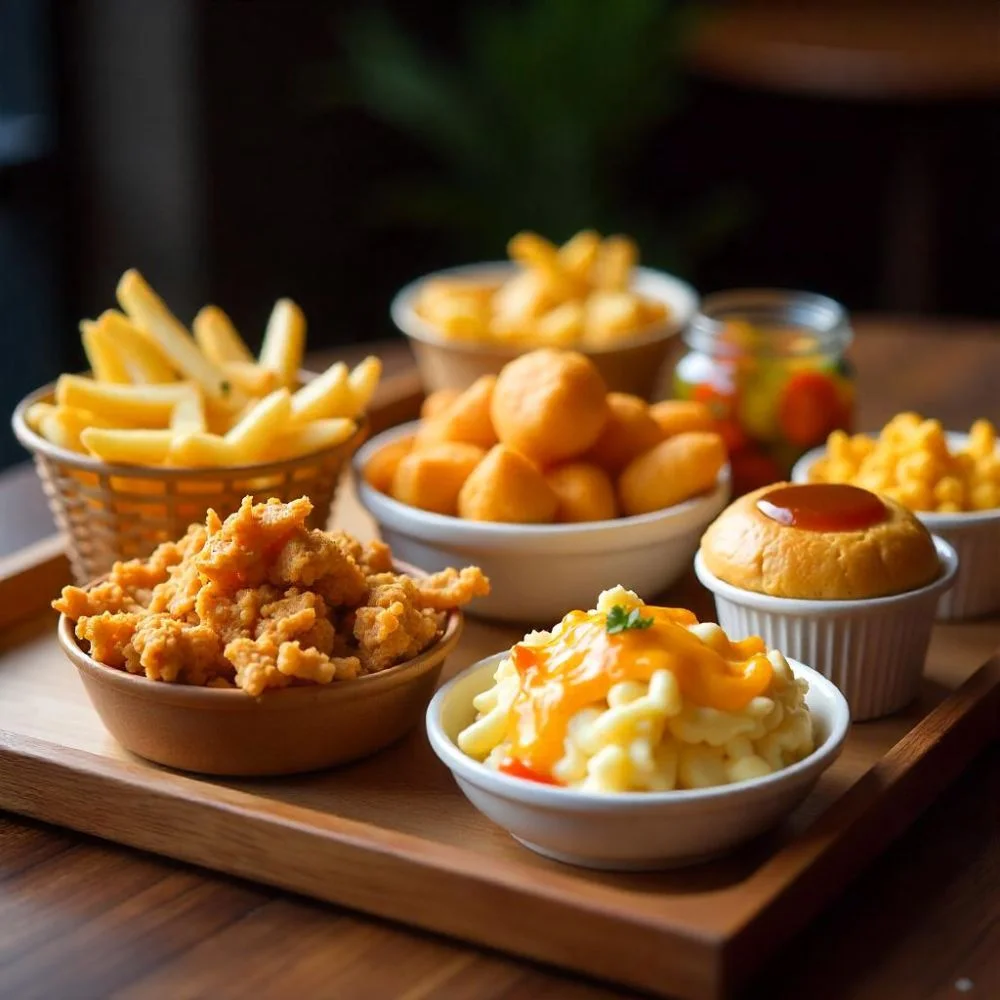 Assorted chicken fast food sides like fries, coleslaw, cornbread, and mac and cheese.