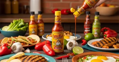 Pouring Cholula on tacos with peppers and fresh ingredients
