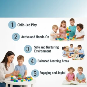 Realistic infographic showing five key points for selecting a fun learning program for 3–5-year-olds.