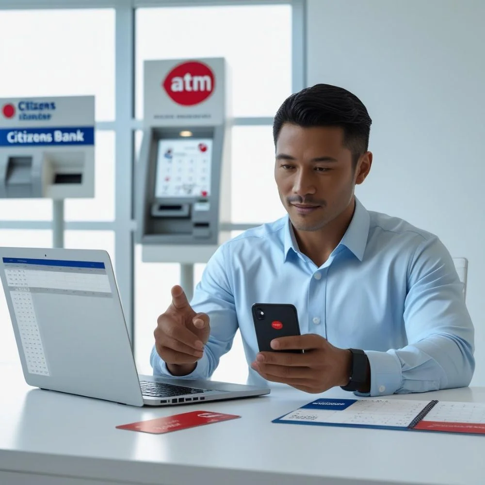 "Customer using mobile banking tools before a holiday." 