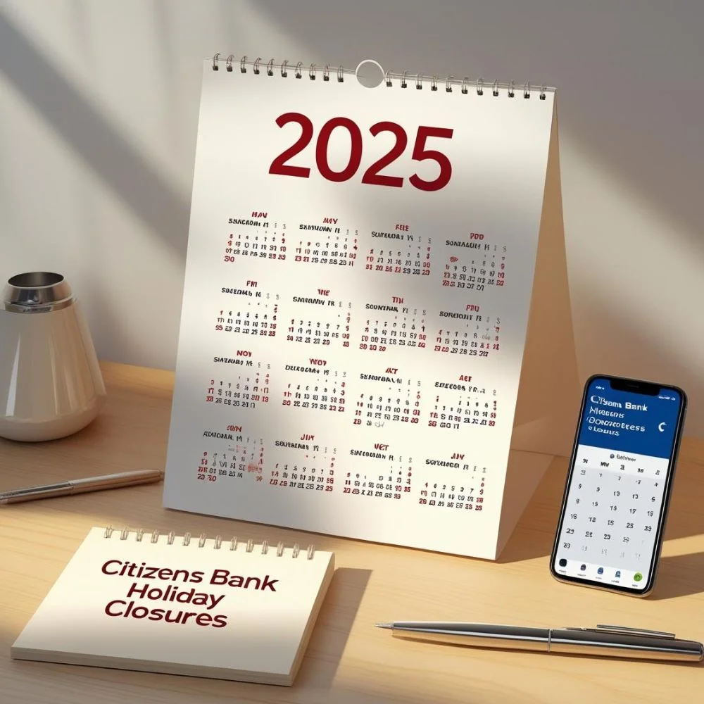 "2025 calendar showing Citizens Bank holiday closures." 
