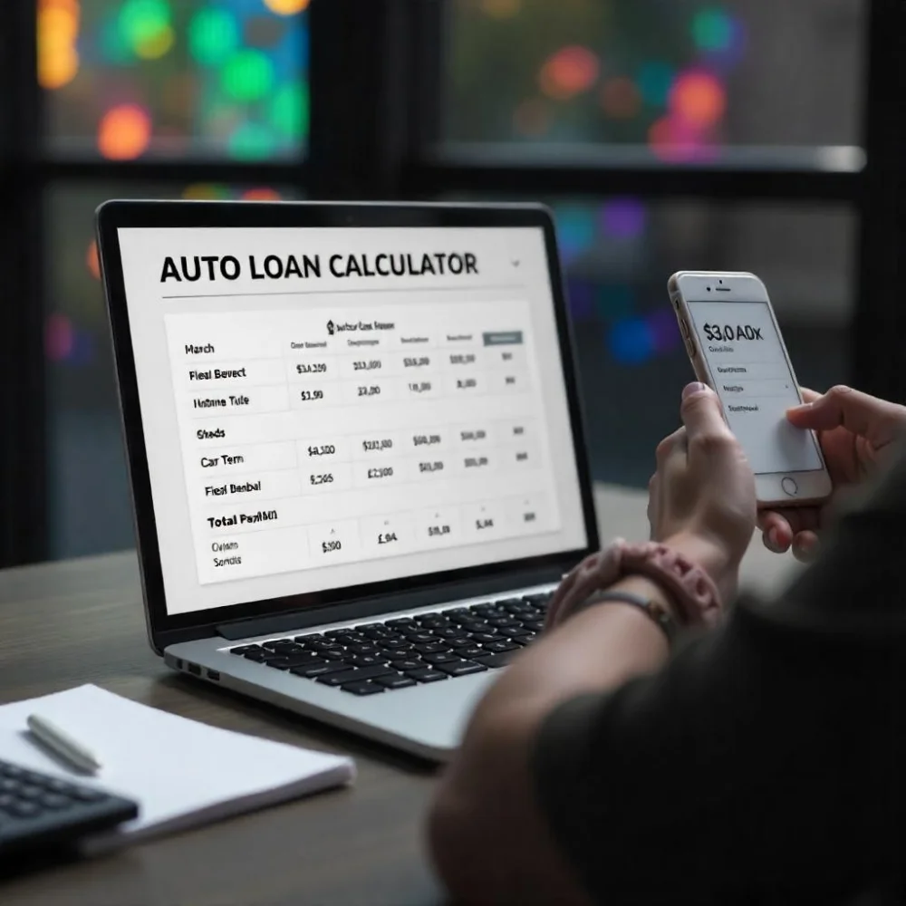 Image of User calculating monthly payments with Citizens Auto Loan Calculator on laptop.