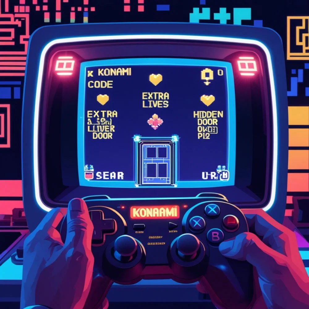 "Player entering Konami Code to unlock extra lives and secrets in a retro video game scene."