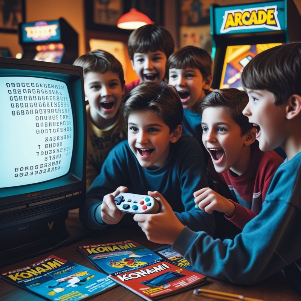 "Kids sharing the Konami Code with game magazines and retro consoles in a nostalgic gaming scene." 