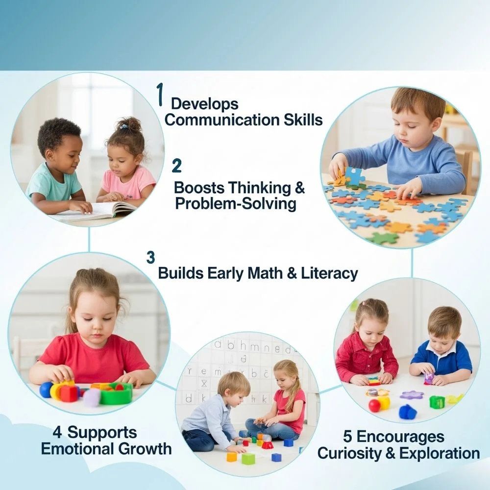 Infographic of five fun learning benefits for preschoolers with clear text and visuals.