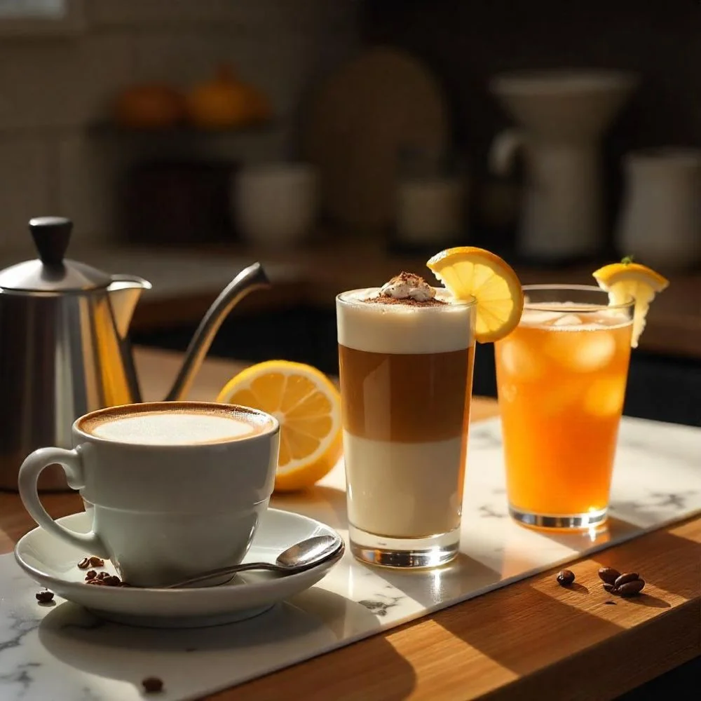Four espresso drink variations including Americano, Café Latte, Iced Espresso, and Espresso Lemonade arranged on a coffee bar. 