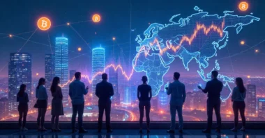 Futuristic digital city with blockchain symbols, Bitcoin, Ethereum, and AI connections, showing global crypto activity.