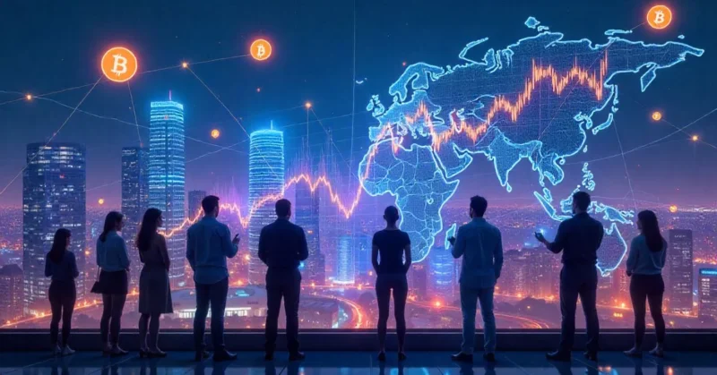 Futuristic digital city with blockchain symbols, Bitcoin, Ethereum, and AI connections, showing global crypto activity.