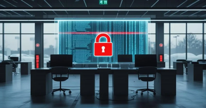 Auto dealership shutdown after CDK cyberattack with warning symbol on screen.