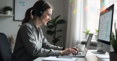Young remote virtual assistant working from home office.