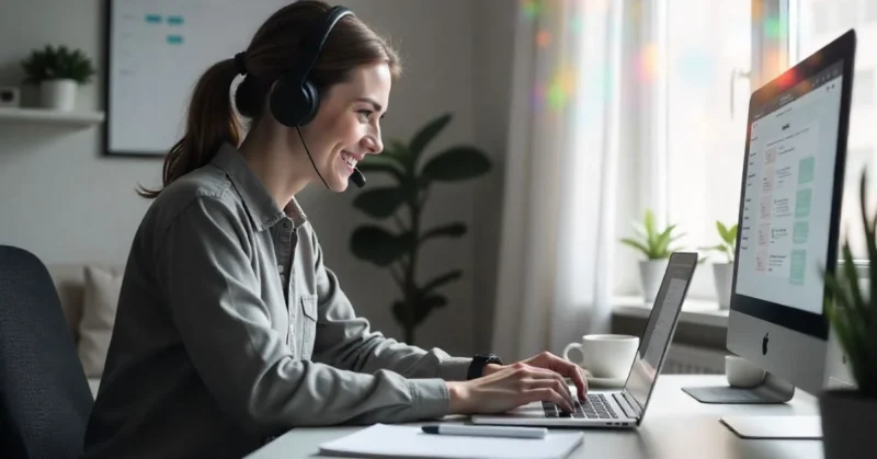 Young remote virtual assistant working from home office.