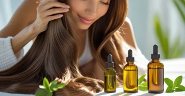 Woman massaging oil into shiny, healthy hair surrounded by natural oils.