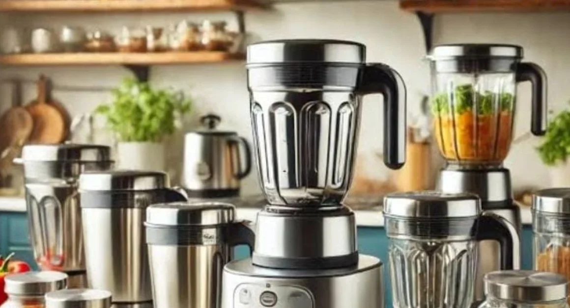 "Various kitchen mixer grinders with stainless steel and glass jars on a countertop"
