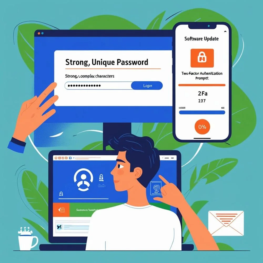 "Illustration of simple cybersecurity tips: strong passwords, 2FA, software updates, and cautious clicking."