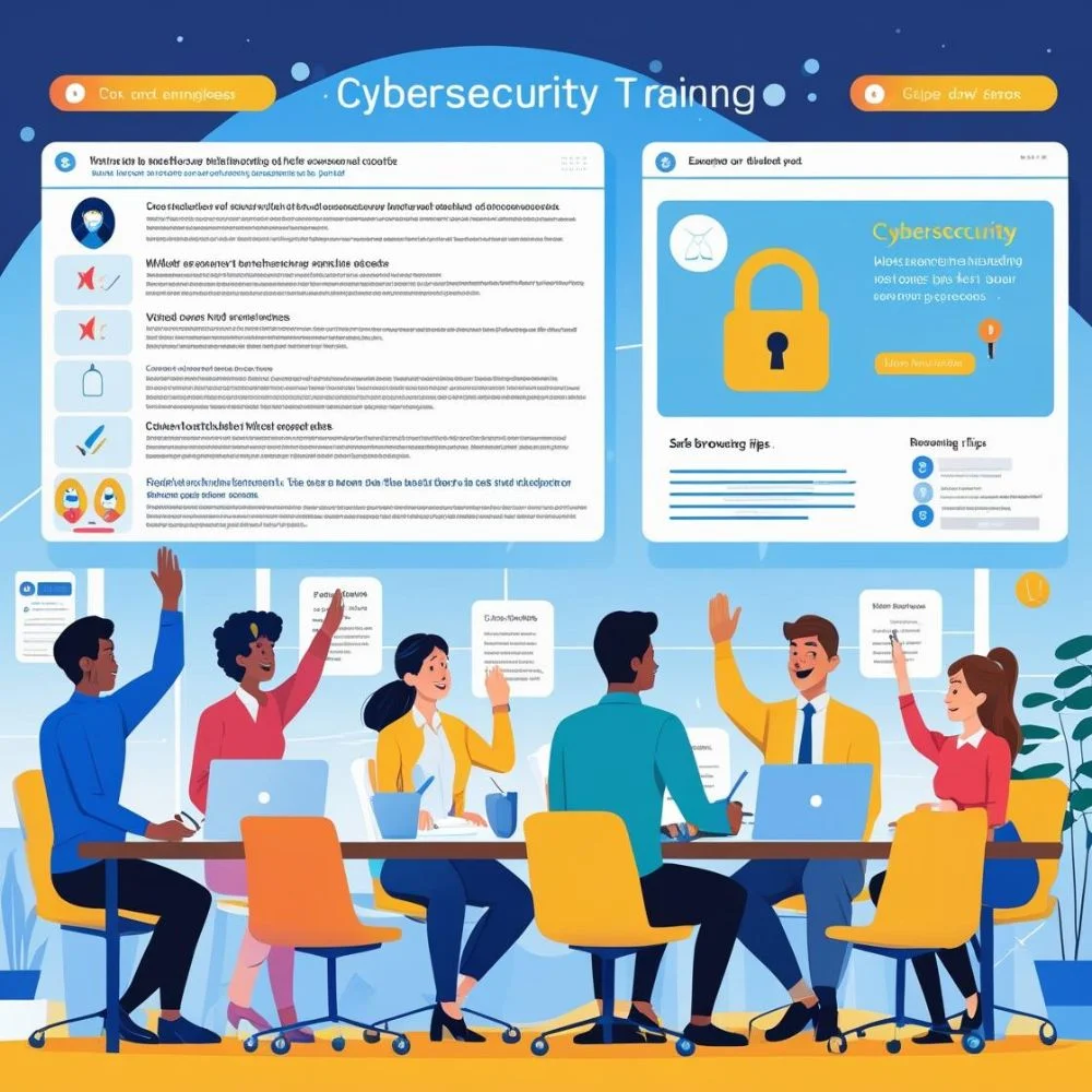 "Employees engaged in interactive cybersecurity training session with visual learning tools."
