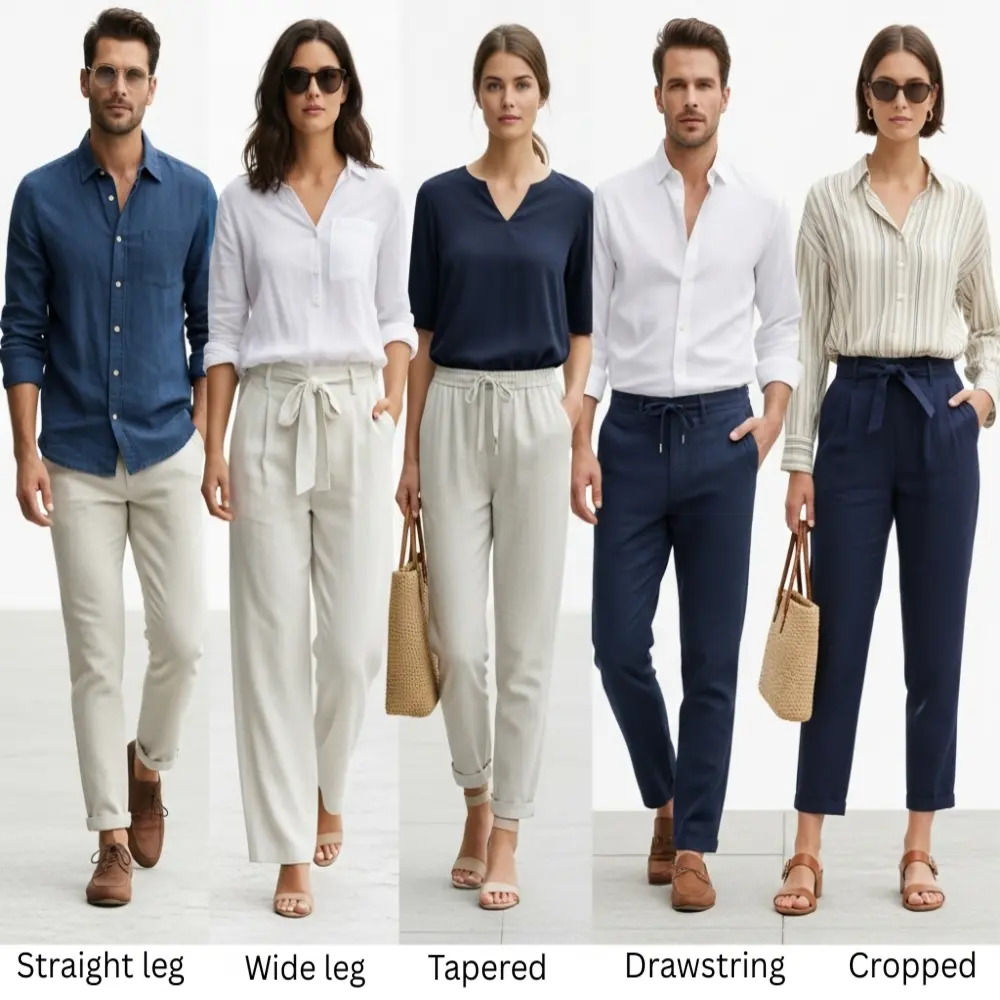 People modeling five types of stylish linen pants in a clean summer setting.