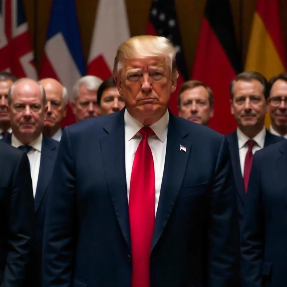 Trump stands among world leaders at a global summit with national flags behind. 
