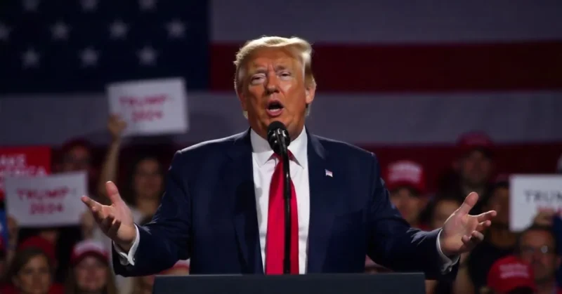 Donald Trump speaks at a 2025 campaign rally with U.S. flag and supporters in background.