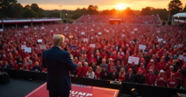 Image of Donald Trump speaking at a rally with massive crowd sizes in 2025, surrounded by MAGA supporters and American flags.