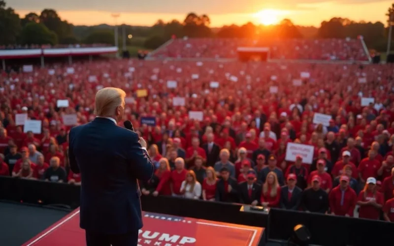 Image of Donald Trump speaking at a rally with massive crowd sizes in 2025, surrounded by MAGA supporters and American flags.
