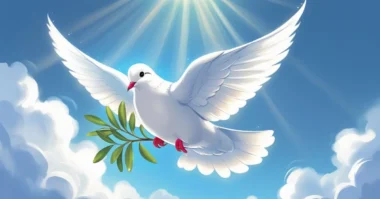 White dove flying with olive branch under a bright sky, symbolizing peace.