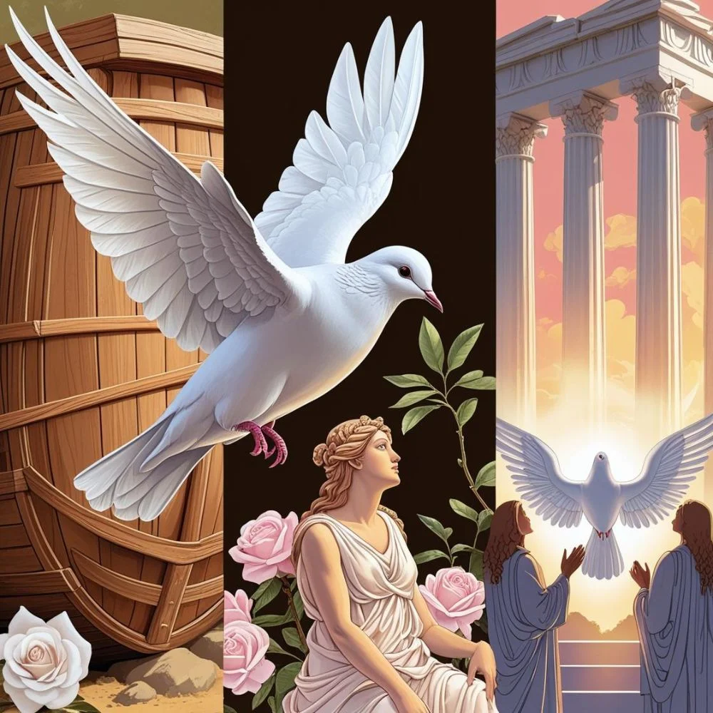 Collage of dove in Noah’s Ark, Greek mythology, and Christian art symbolizing peace origins. 
