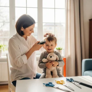  Parent giving a happy child a haircut at home with clippers, child holding a toy in a bright cozy room.
