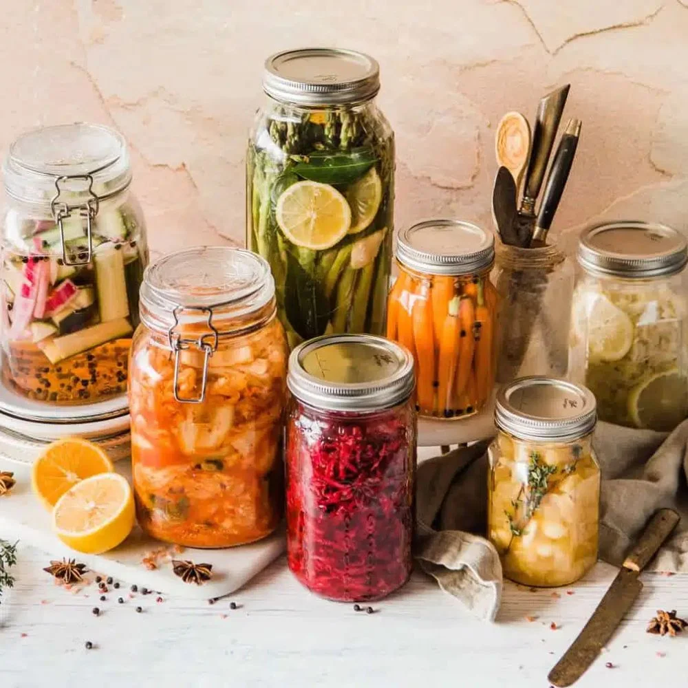an image of fiber-rich and fermented foods to support gut health