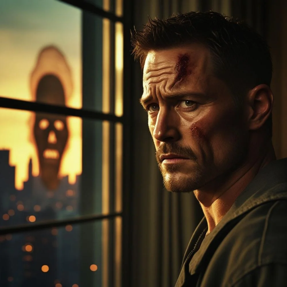 Eddie Brock looking serious with Venom’s reflection behind him.