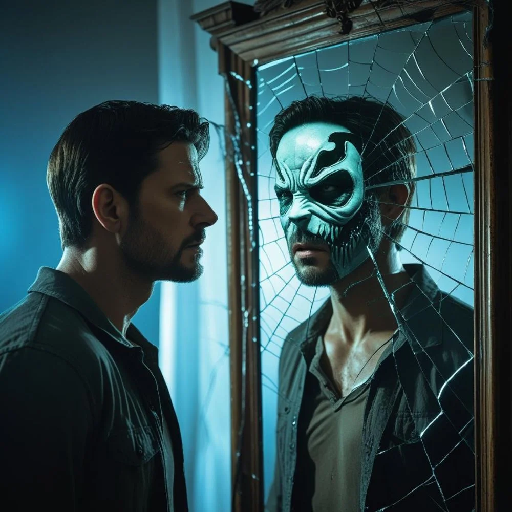 Eddie Brock arguing with Venom’s reflection in a cracked mirror.