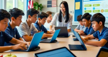 Students using laptops in a tech-based U.S. classroom reform setting.