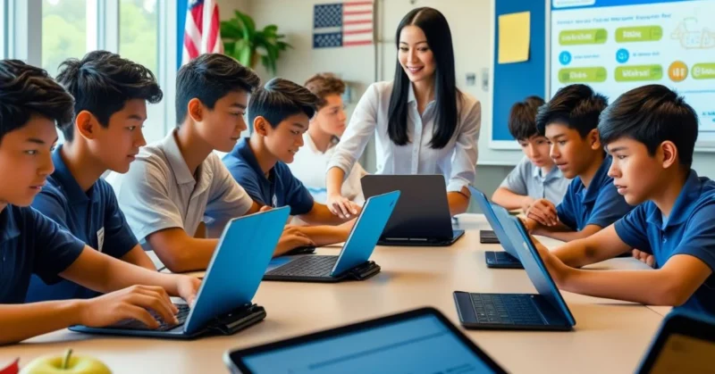 Students using laptops in a tech-based U.S. classroom reform setting.