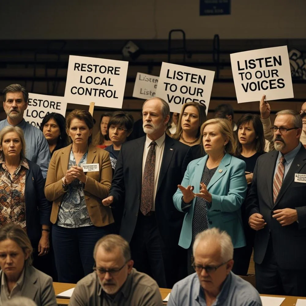 Parents and teachers protesting school reform decisions at a public meeting. 