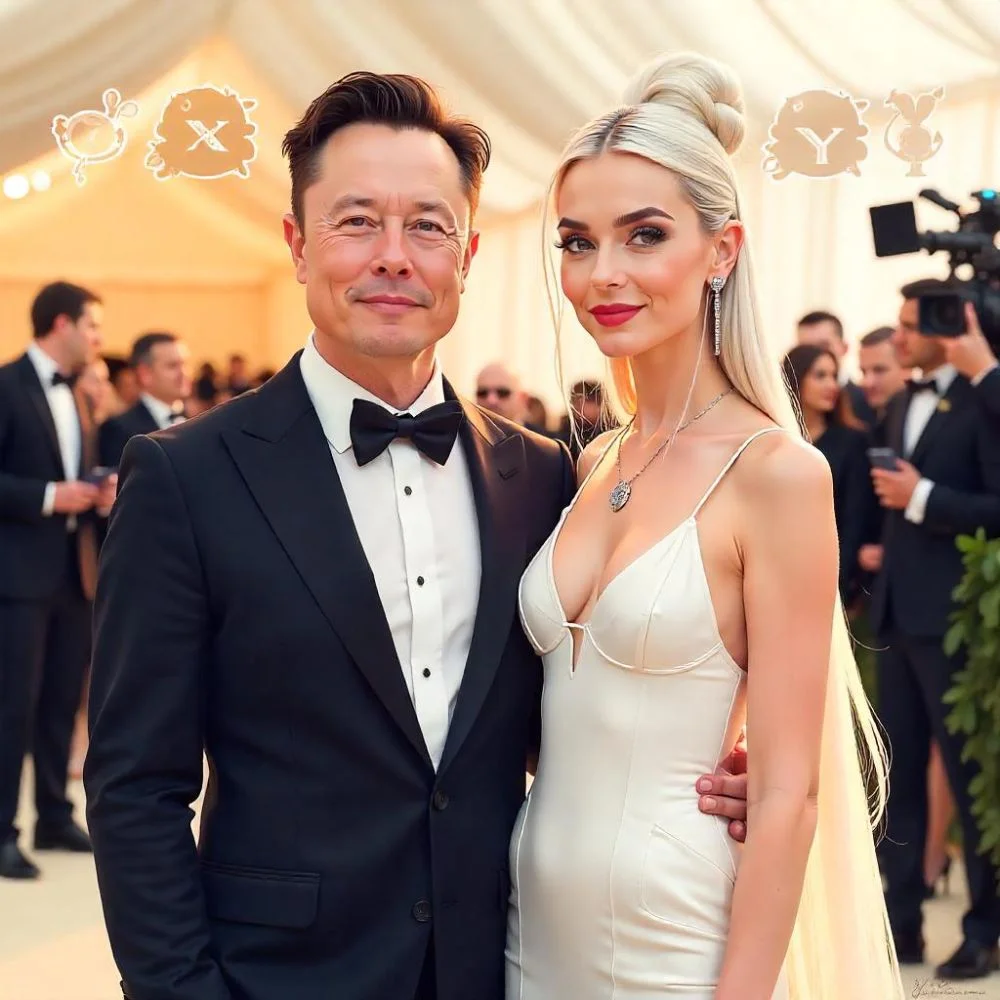 "Elon Musk posing with a woman in formal attire at a public event, with symbolic icons for children X and Y in the background" 
